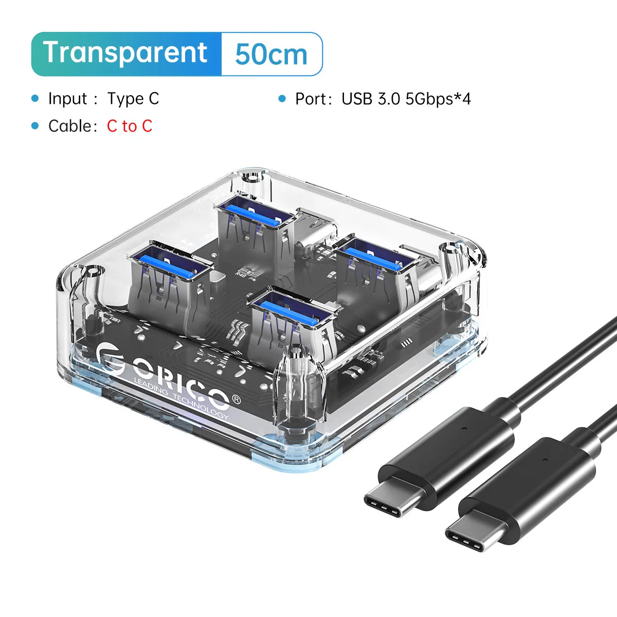 Transparent Four-Port USB Hub with Auxiliary Power Port