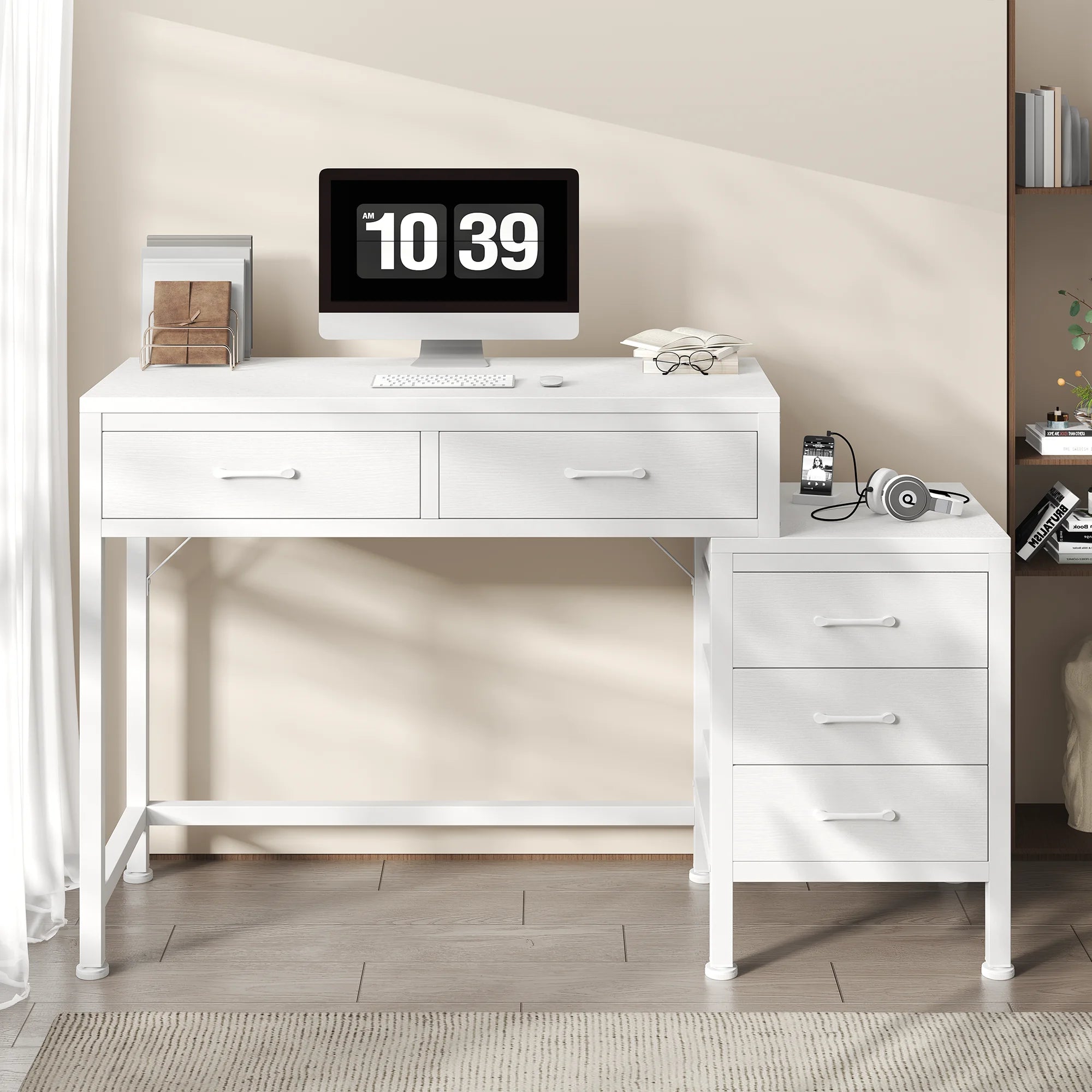 51" Computer Desk with 5 Drawers and Printer Stand Storage