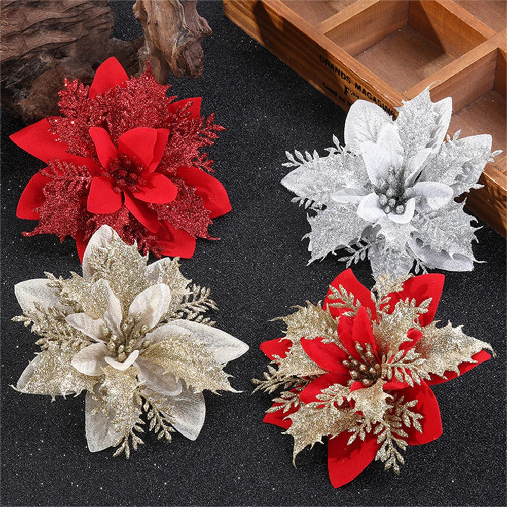 5/10pcs 14.5cm Christmas Flower Ornaments,Pink,Red,Gold,Glitter Artifical Flowers For Christmas Tree,Xmas Decoration For Home 