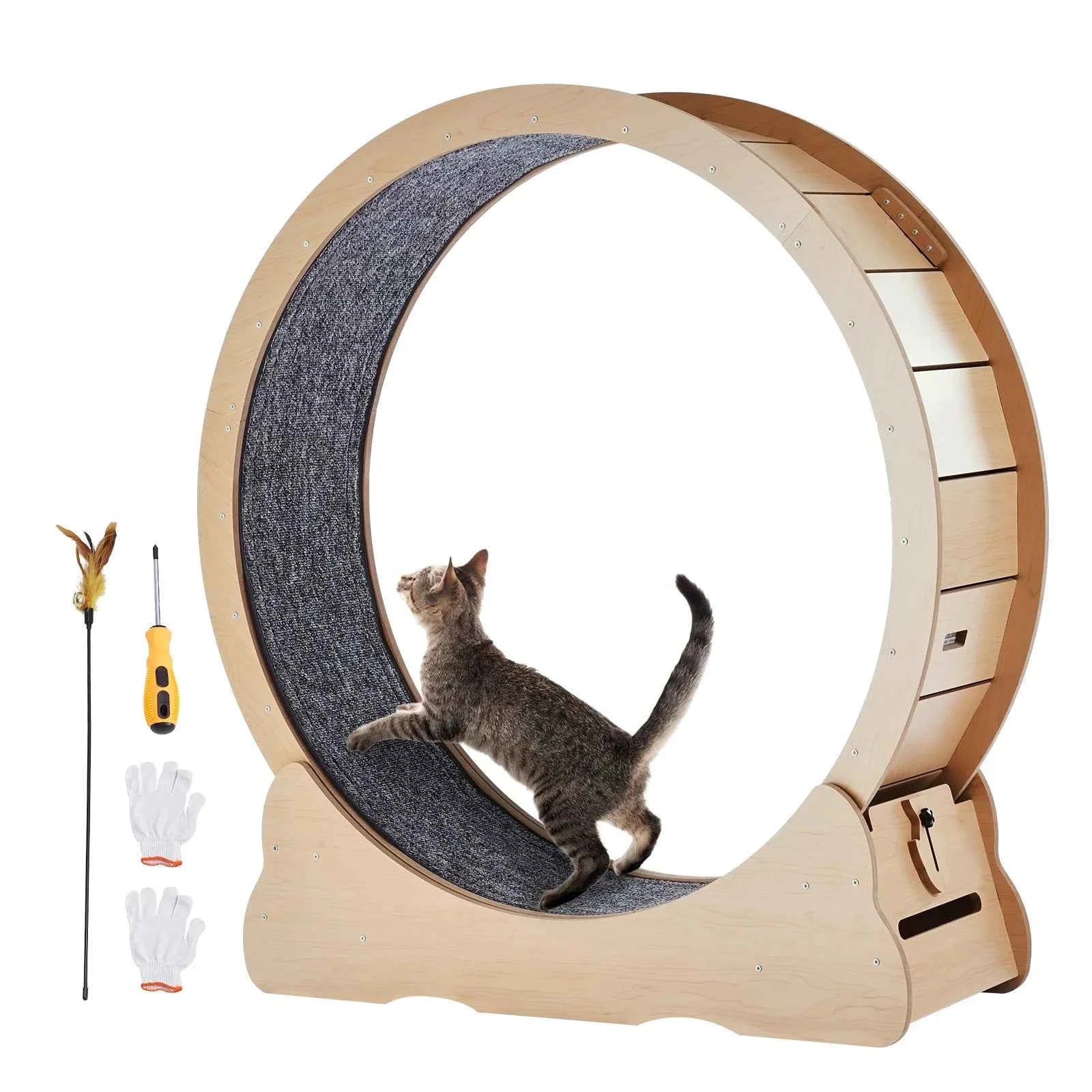 Wooden Cat Exercise Wheel with Detachable Carpet and Cat Teaser