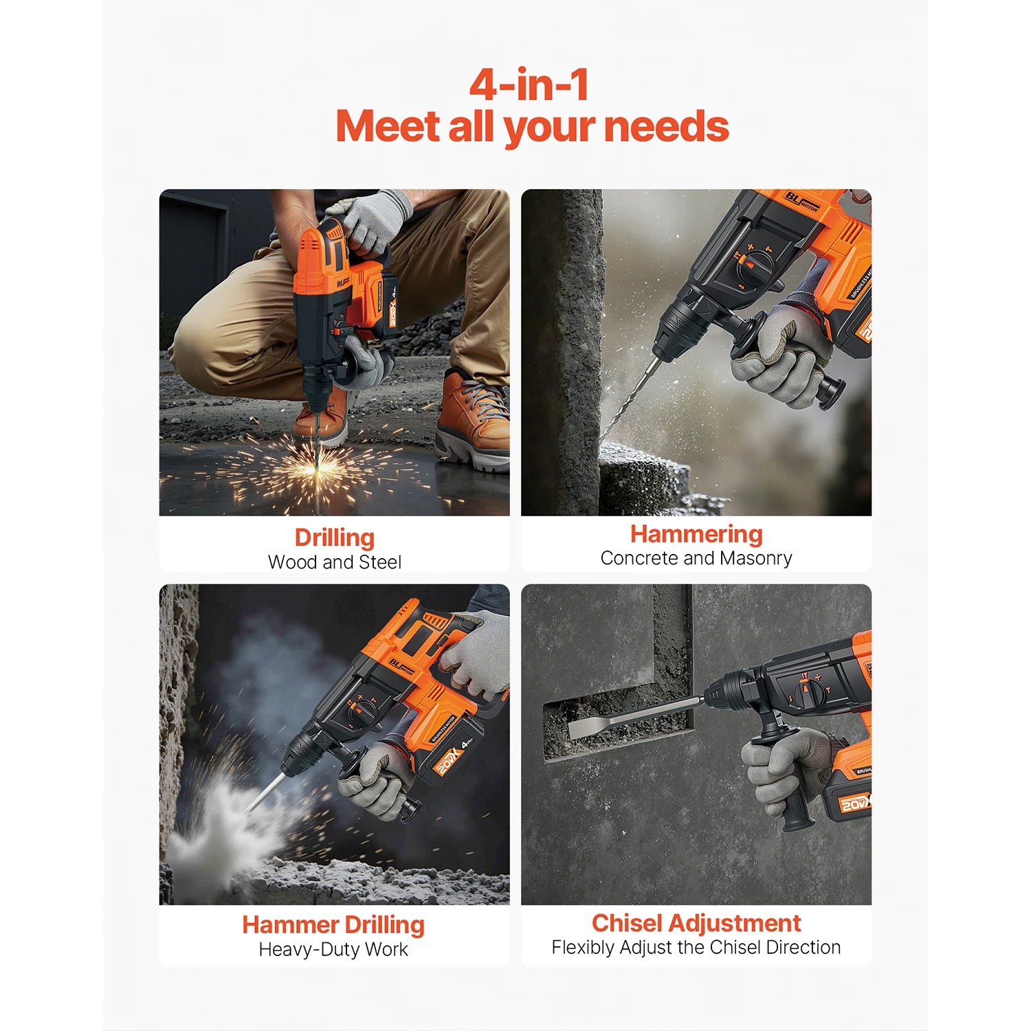 Cordless 20V SDS-Plus Rotary Hammer Drill 26mm with 4Ah Battery Kit