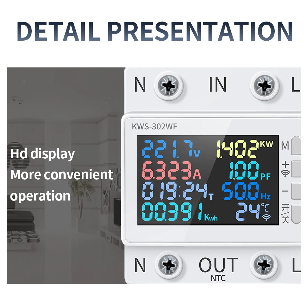 Tuya WiFi 8in1 Power Meter 2P AC Energy Meter APP Control 170-270V/63A Voltage and Current Meter Electricity Meter Smart Life 