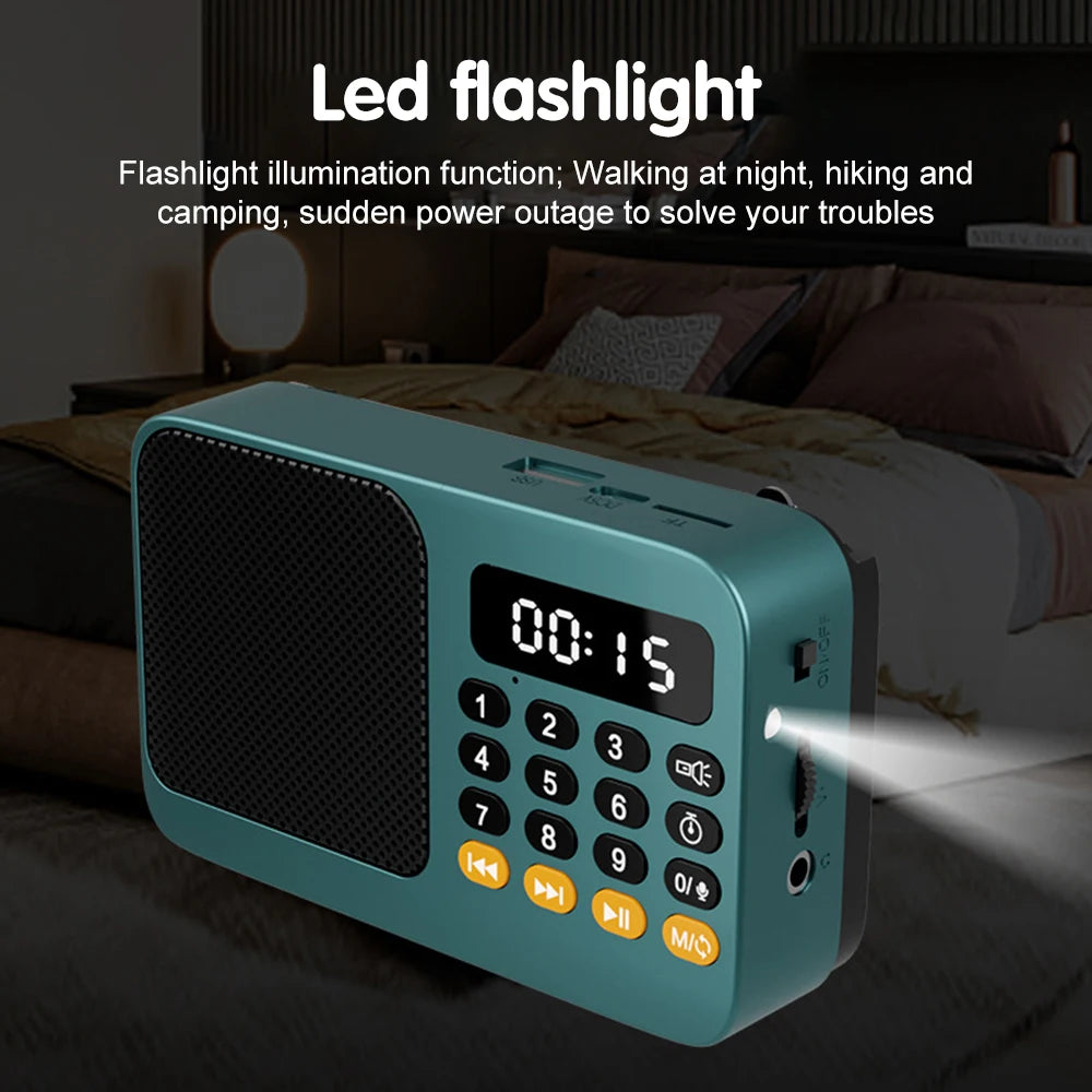 Rádio FM portátil e leitor de MP3 com ecrã LED