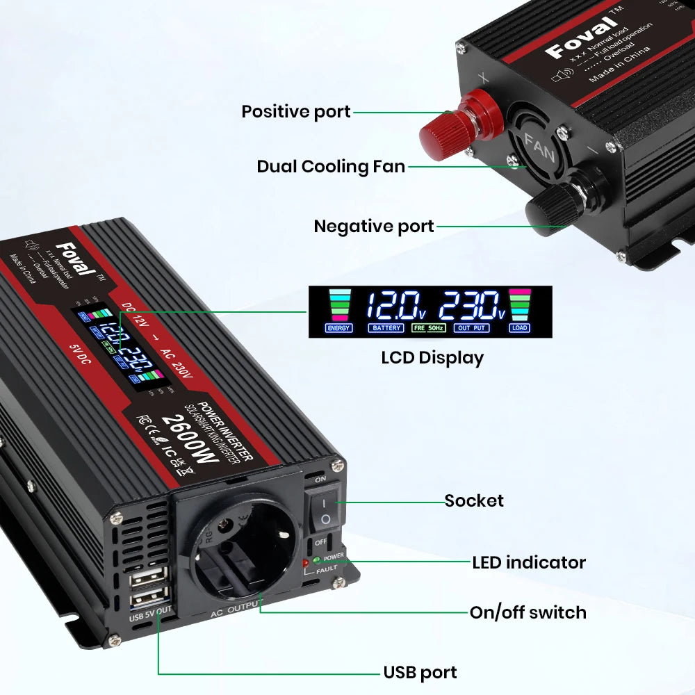 Мощен инвертор 1500W/2000W/2600W/3000W с LCD дисплей DC 12V към AC 220V, соларен, с 2 USB порта, автомобилен трансформатор, конвертор, EU щепсел, модифицирана синусоида 50Hz