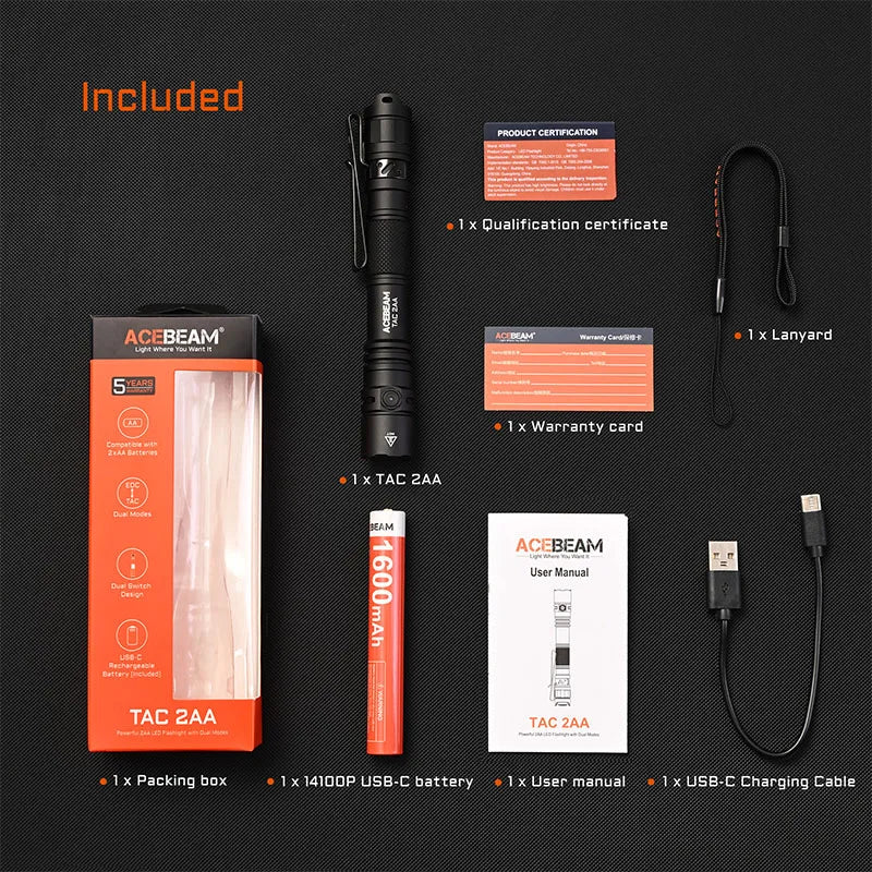 ACEBEAM TAC 2AA LED Flashlight – 1600 Lumen EDC Torch