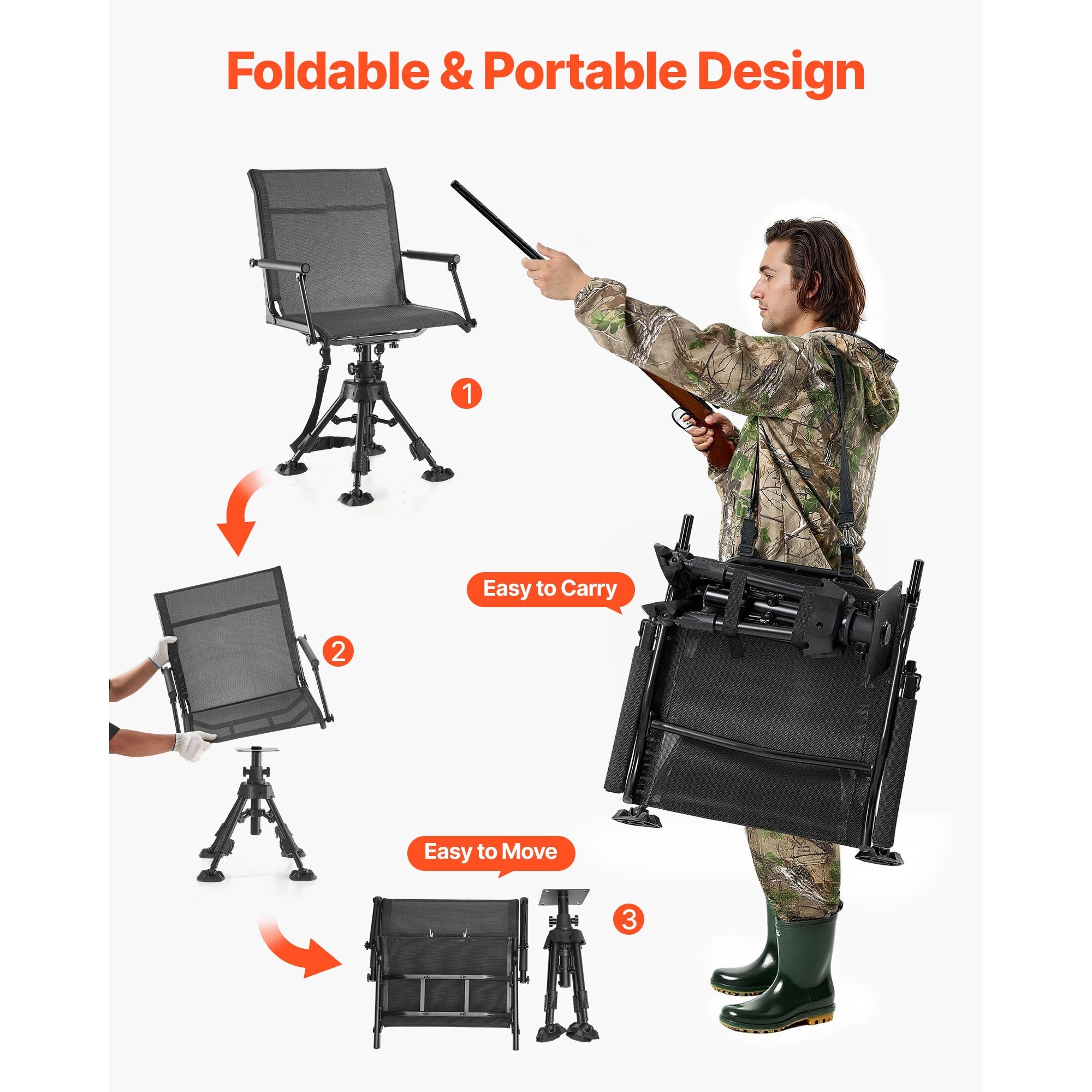 SucceBuy Hunting Chair 360° Silent Swivel Foldable Blind Chair Steel Frame Ground Stool Seat 300Lbs/350Lbs Capacity for Fishing