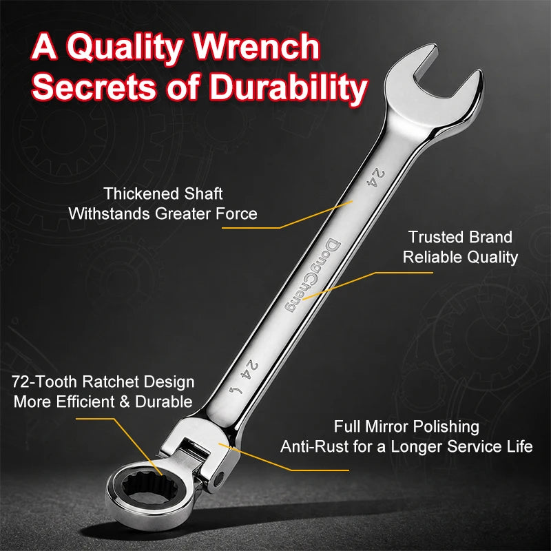 Flexible-Head Ratchet Spanner, 8–24 mm Size Options
