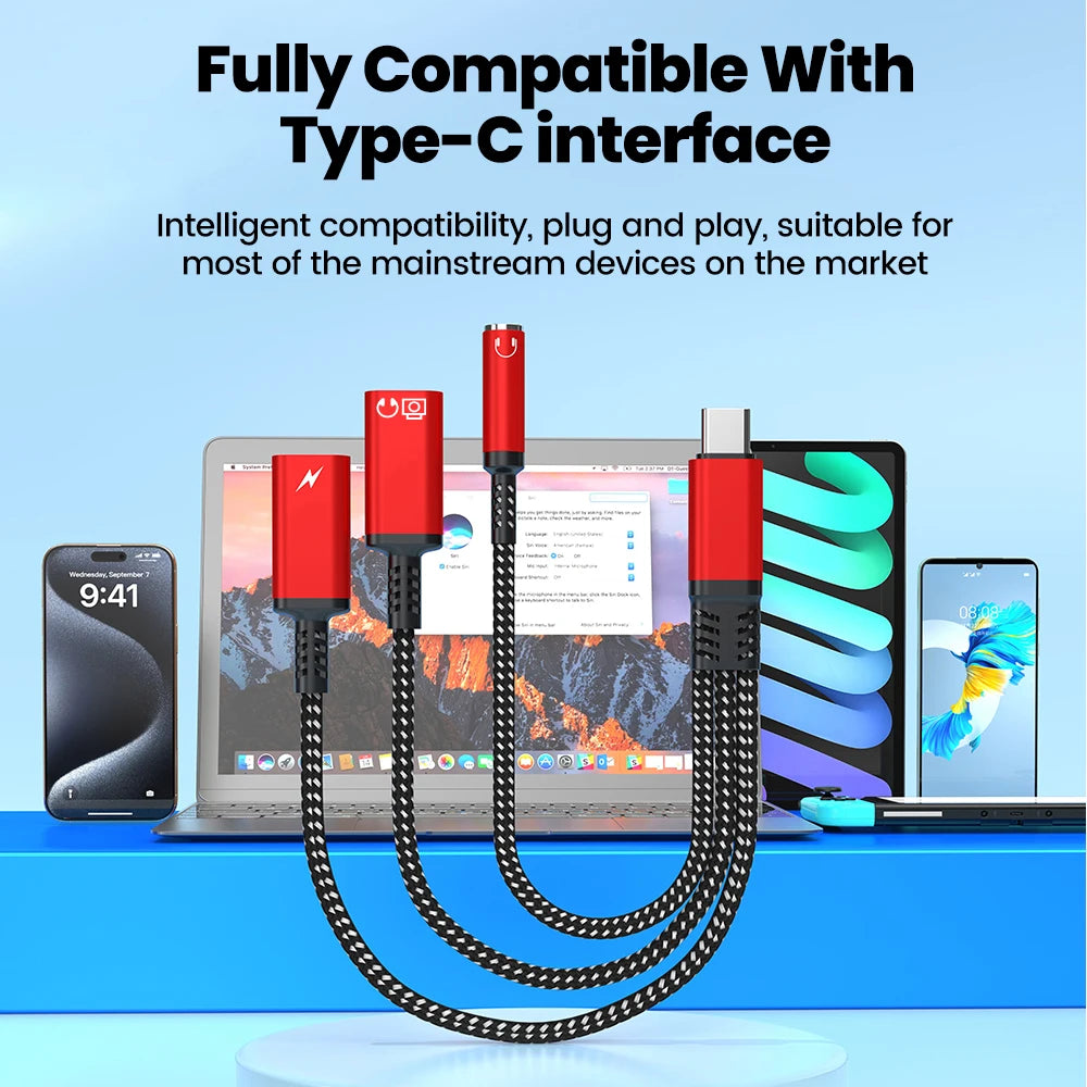 محول صوت وشحن USB-C ثلاثة في واحد