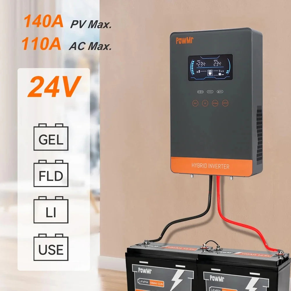 POWMr 24V 4000W Solar Inverter 24VDC to 110VAC 140A MPPT Pure Sine Wave Off Grid Inverter with LCD Display Built in Lithium BMS Communication for Home RV Inversor