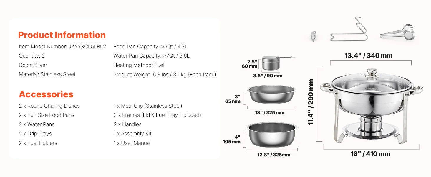 SucceBuy 5 Qt 2 4-pak rund buffetvarmer i rustfrit stål med 4 fuld størrelse fade, cateringvarmer til fest