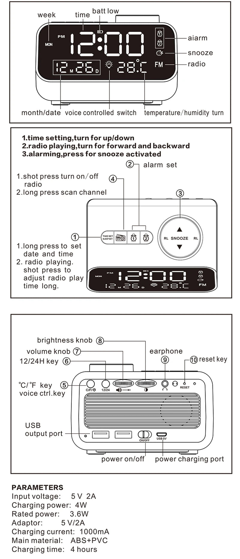LED Alarm Clock with FM Radio, Temperature & Humidity Display