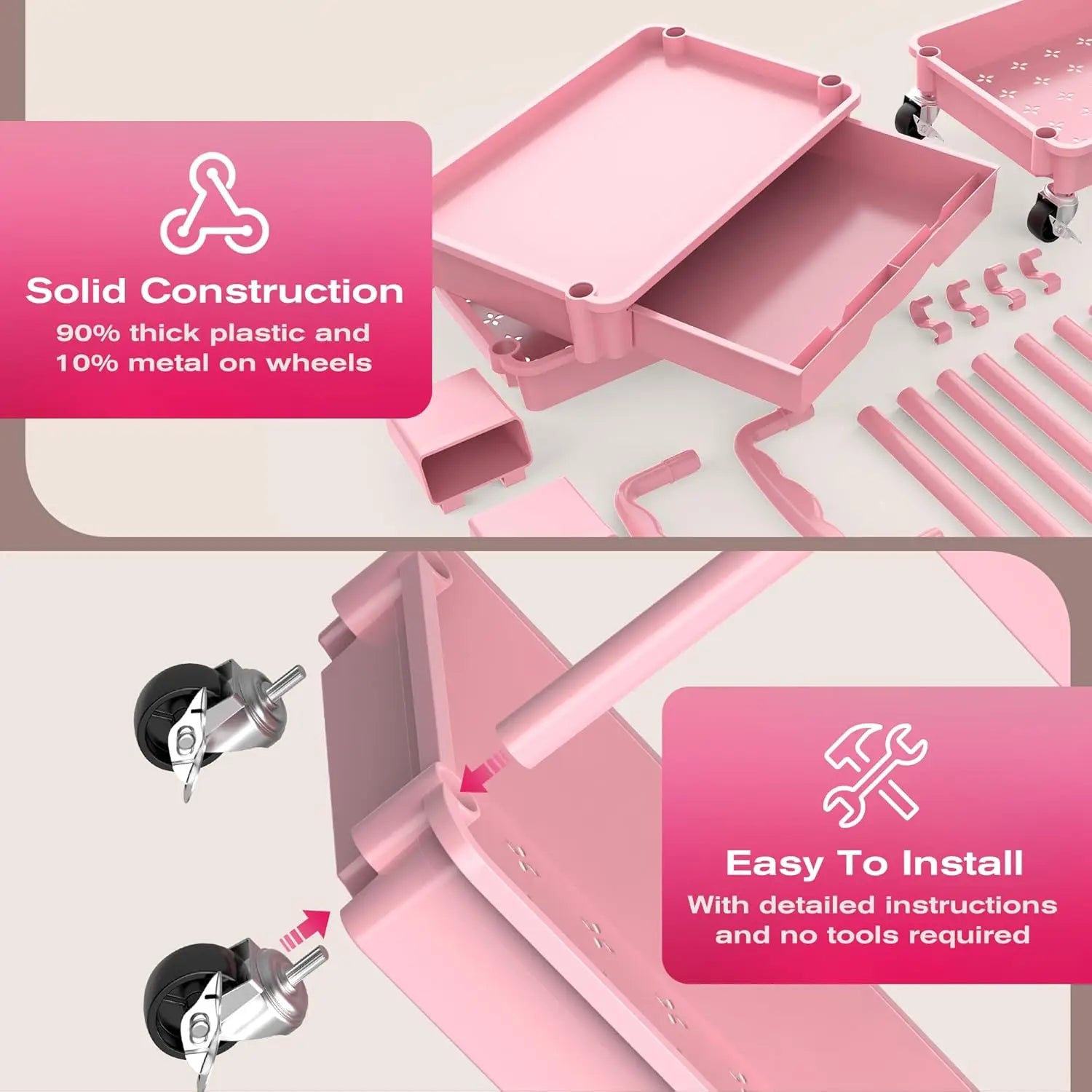 Carrito de maquillaje rodante de 3 niveles con cajón y ruedas con cerradura