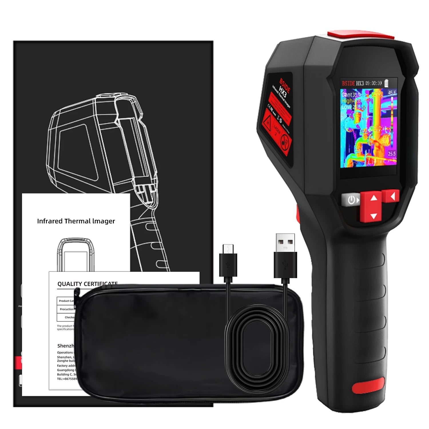 BSIDE black Smart Portable Thermal Imager 15 Color Palettes -20~550C 100×100IR Resolution PC Analysis Software Drop Resistant 