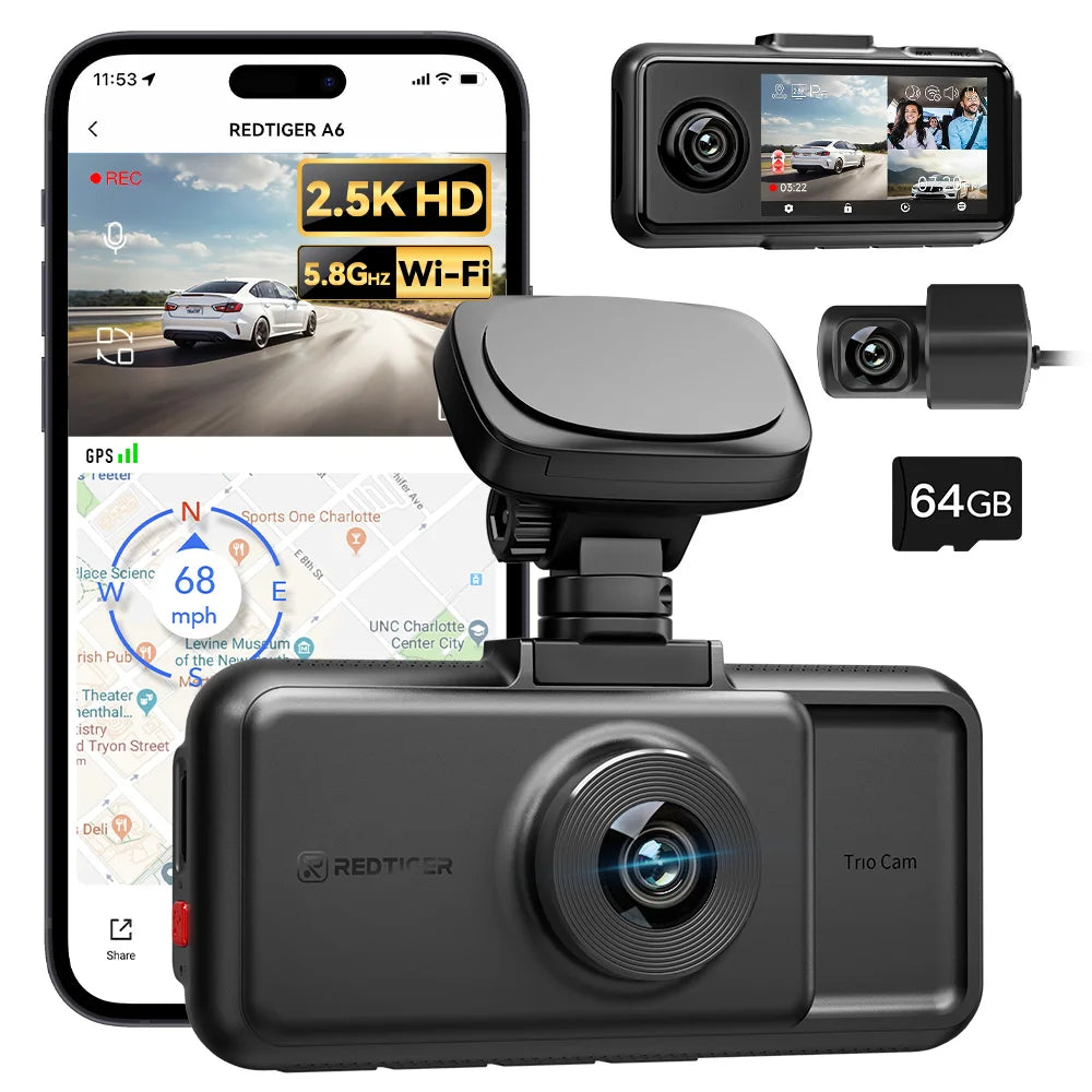 REDTIGER A6 4K 3-Channel Dash Cam with GPS and WiFi