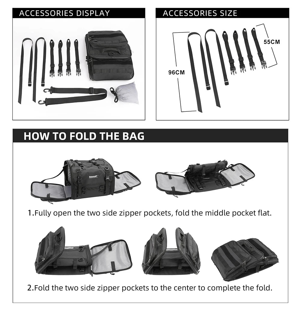Motorcycle Tail Bag Expandable Luggage 19L–80L Rack Trunk Storage
