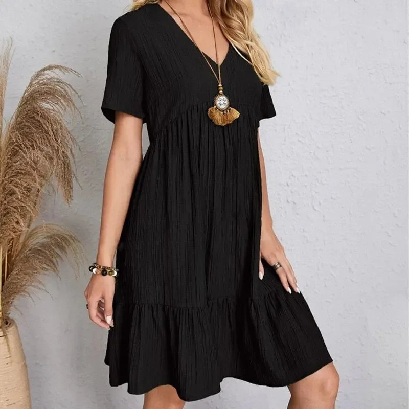 Women Summer Peplum Dresses Spring V-Neck Short Sleeve Loose Waist Ruffle Fit Flare Vocation Dresses 