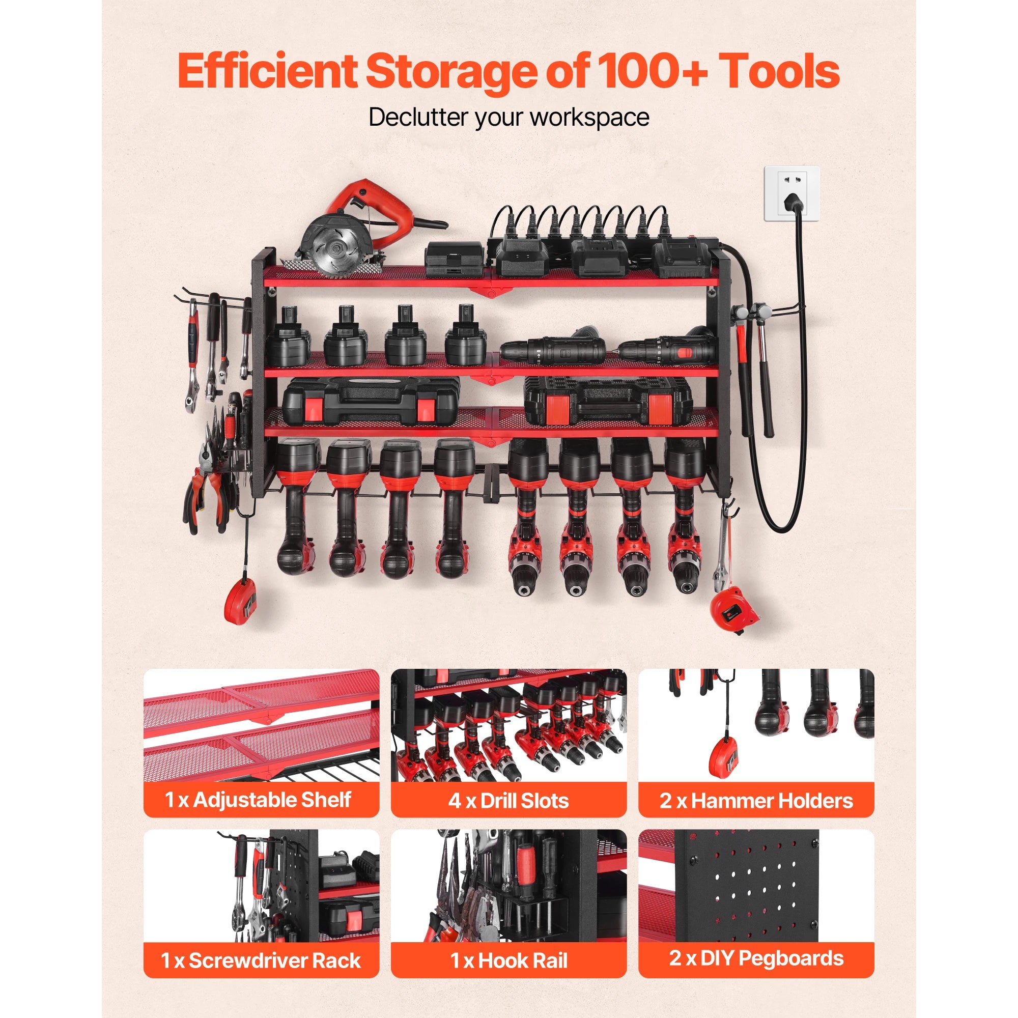 3-Tier Wall Mounted Power Tool Organizer with Charging Station