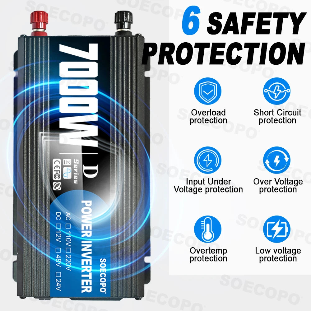 Έξυπνος Αντιστροφέας 7000W DC 12V/24V/48V σε AC 110V/220V με Φορτιστή, Αντάπτορας με Θύρα USB & Πιστοποίηση CE/FC