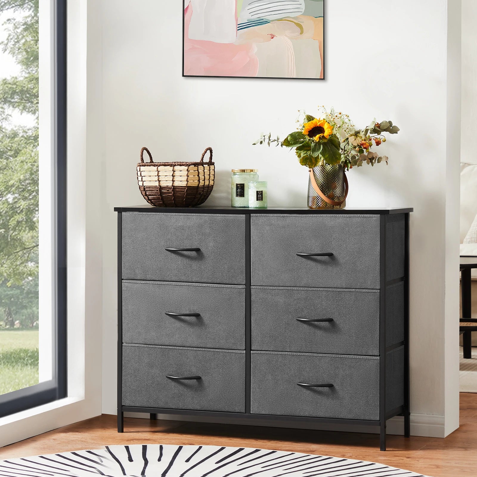 6-Drawer Fabric Dresser with Wooden Top and Metal Frame