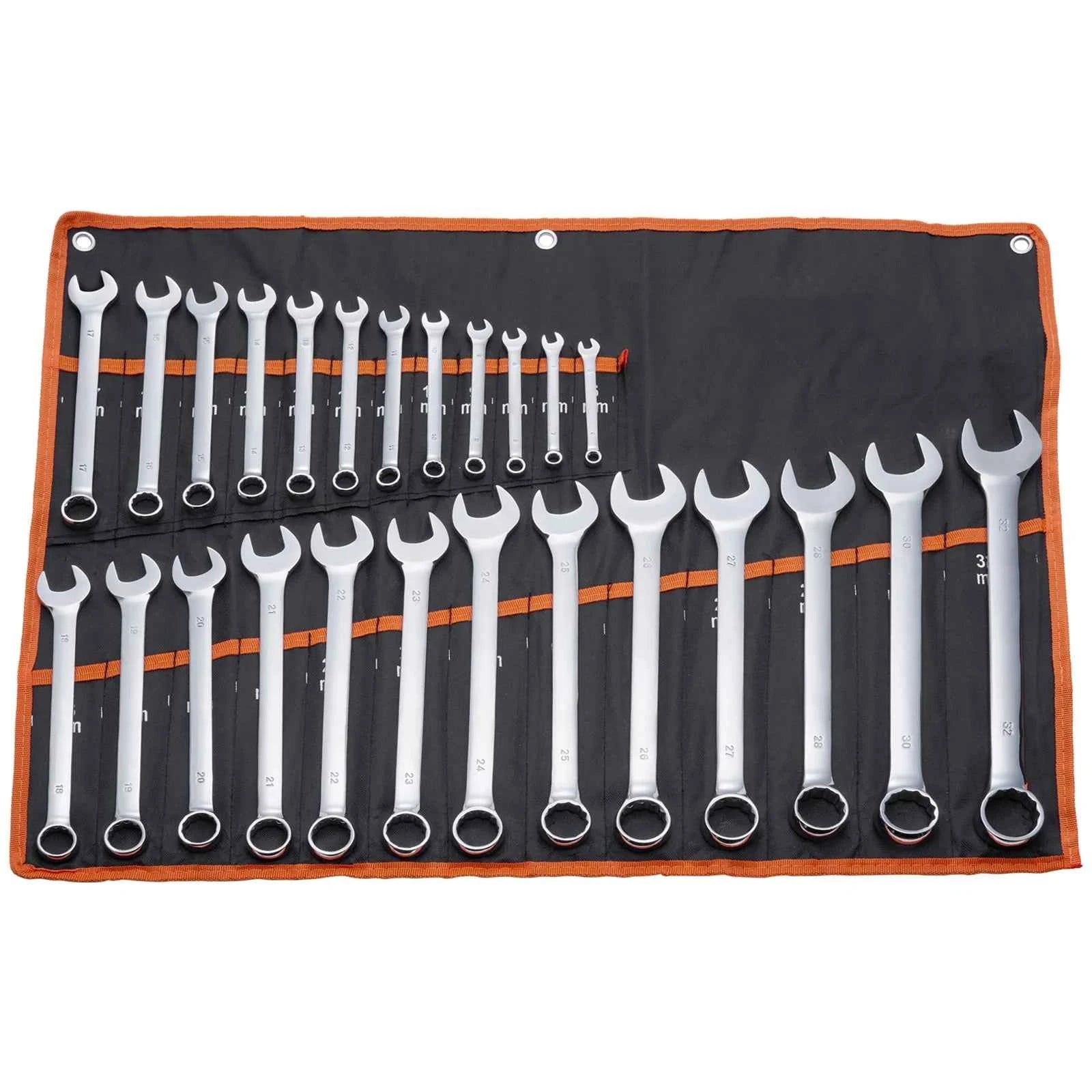 25-Piece Combination Wrench Set with Roll-Up Pouch, Metric 6 mm to 32 mm, Carbon Steel