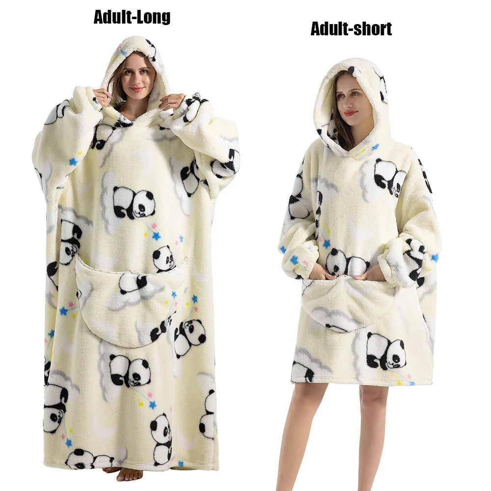 Women Plush Fleece Blanket Men Warm Thick Hoodies Adult Giant TV Blanlets with Sleeves Super Long Cold-proof Homewear Pajamas 