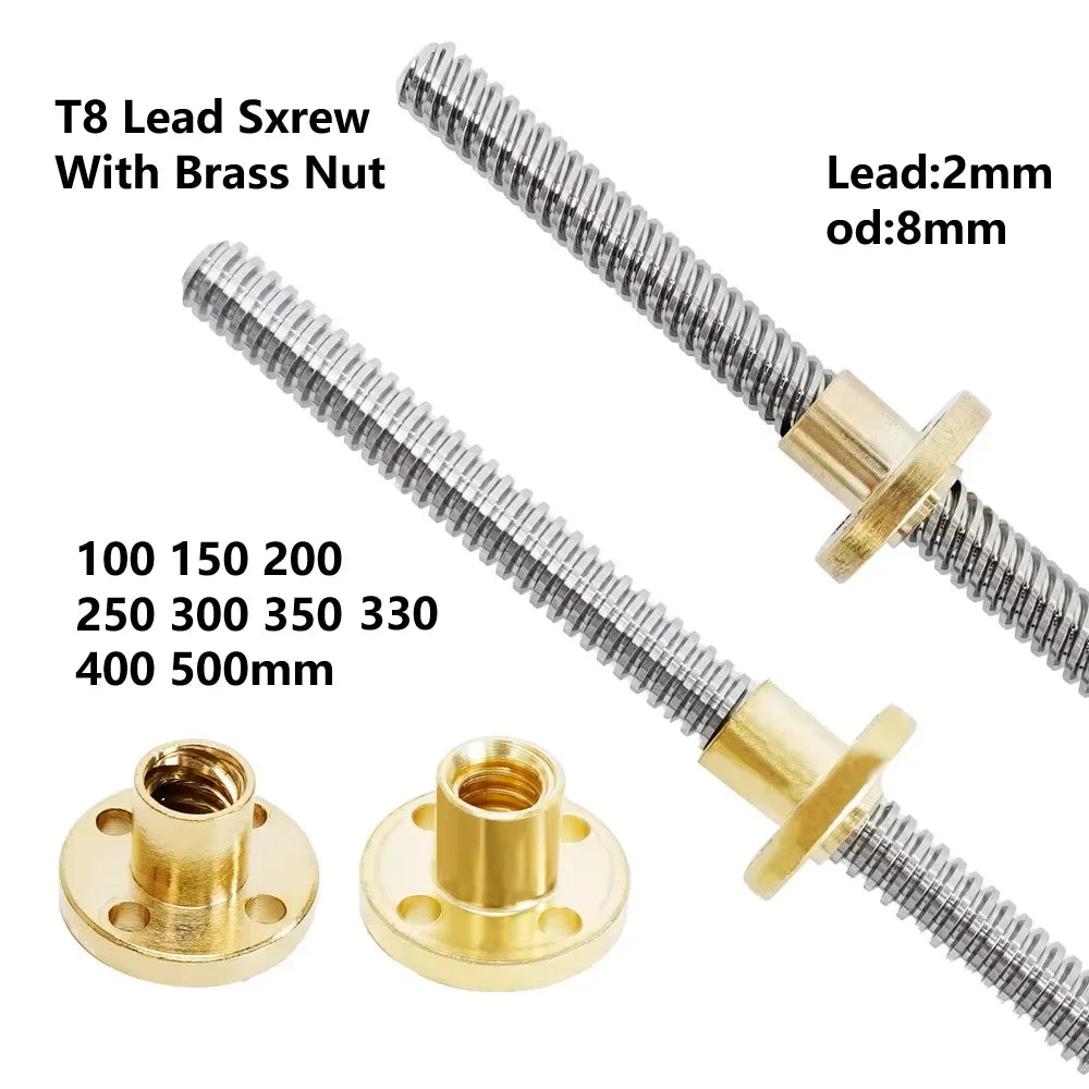 T8-forspindel med messingmøtrik, 8 mm, 2 mm stigning