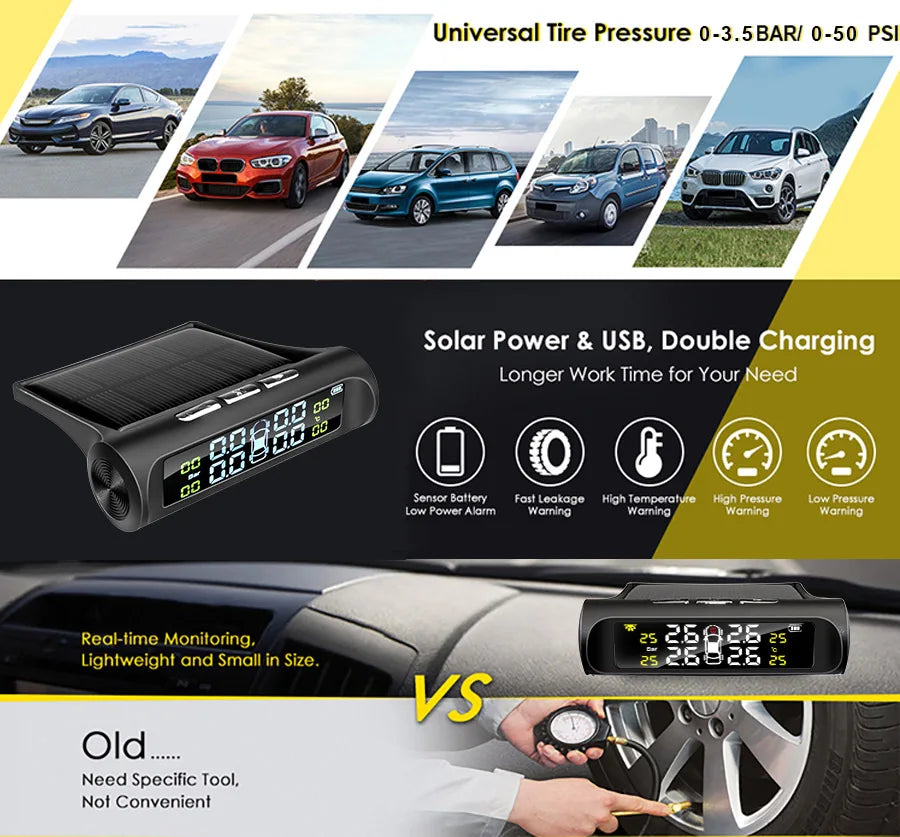 E-ACE Solar Power TPMS Car Tire Pressure Alarm Monitor System Auto Security Alarm Systems Tyre Pressure Temperature Warning 