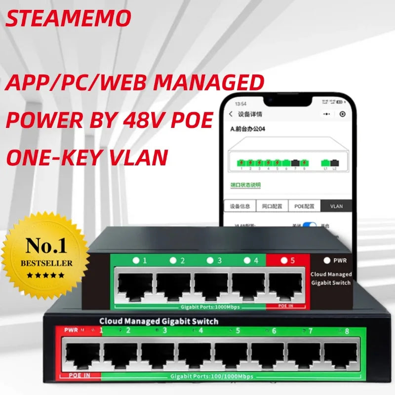 Cloud-managed Gigabit Ethernet Switch 8 Port Network Switch 48V POE Network Extender Desktop 100/1000Mbps SFP APP Managed Switch 