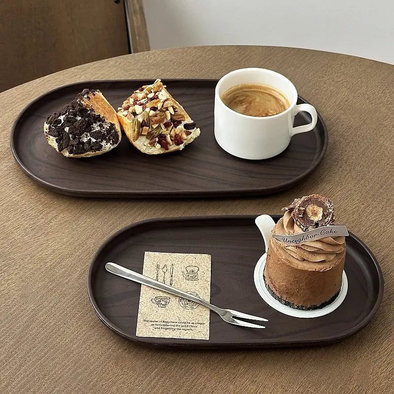 Walnut Wood-Grain Oval Serving Tray for Coffee and Cake