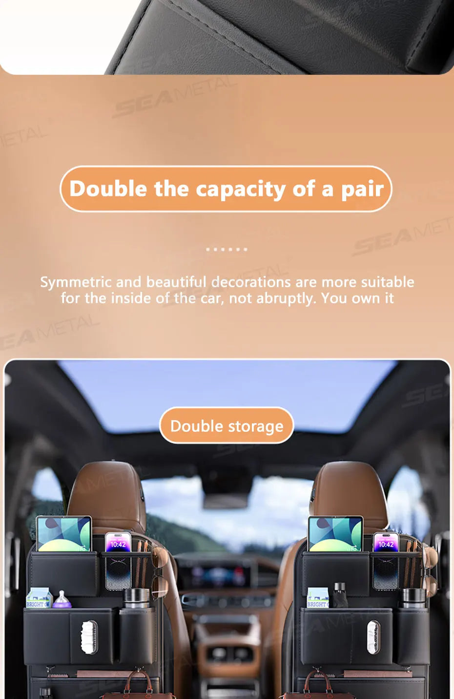 SEAMETAL 6-Pocket Car Seat Back Organizer Premium Pu Durable Car Back Seat Storage Bag Wear-Resistant Waterproof Anti-Kick Pad