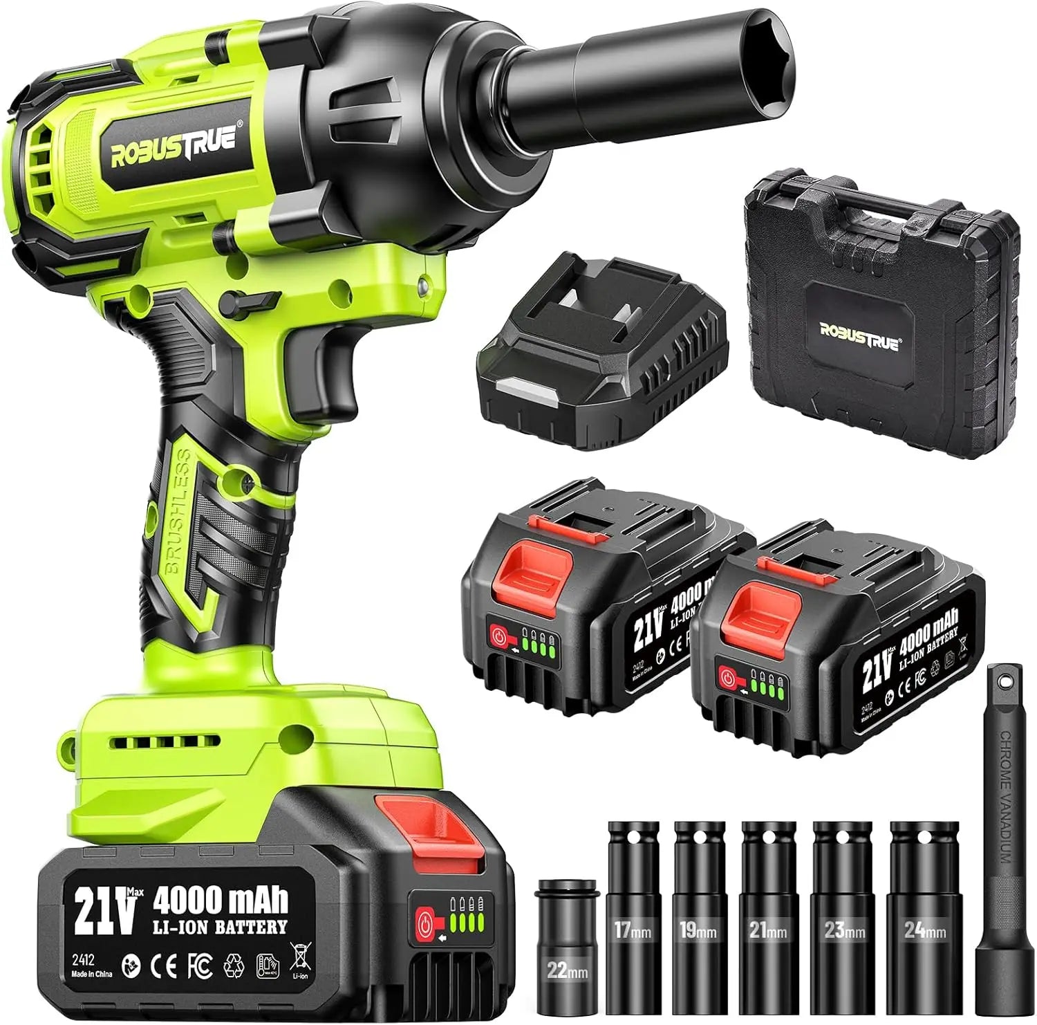 1200Nm 1/2 Inch Cordless Impact Wrench with 2 x 4.0Ah Batteries