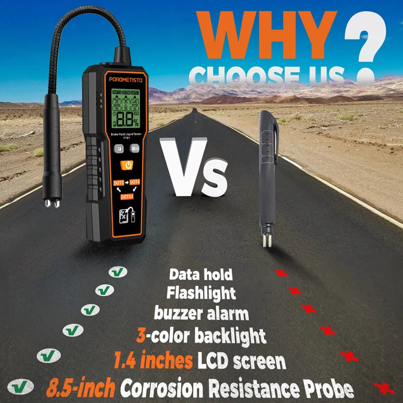 FT01 Liquide de frein automobile, témoin/ Testeur d’huile de frein portatif numérique, testeur de liquide de frein DOT3/DOT4/DOT5.1 avec sonde flexible
