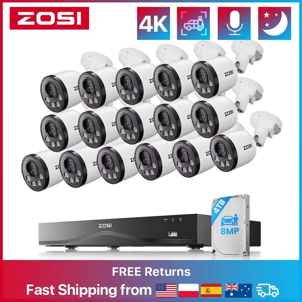 ZOSI 16CH 4K PoE CCTV System with 4TB HDD and 8MP Cameras