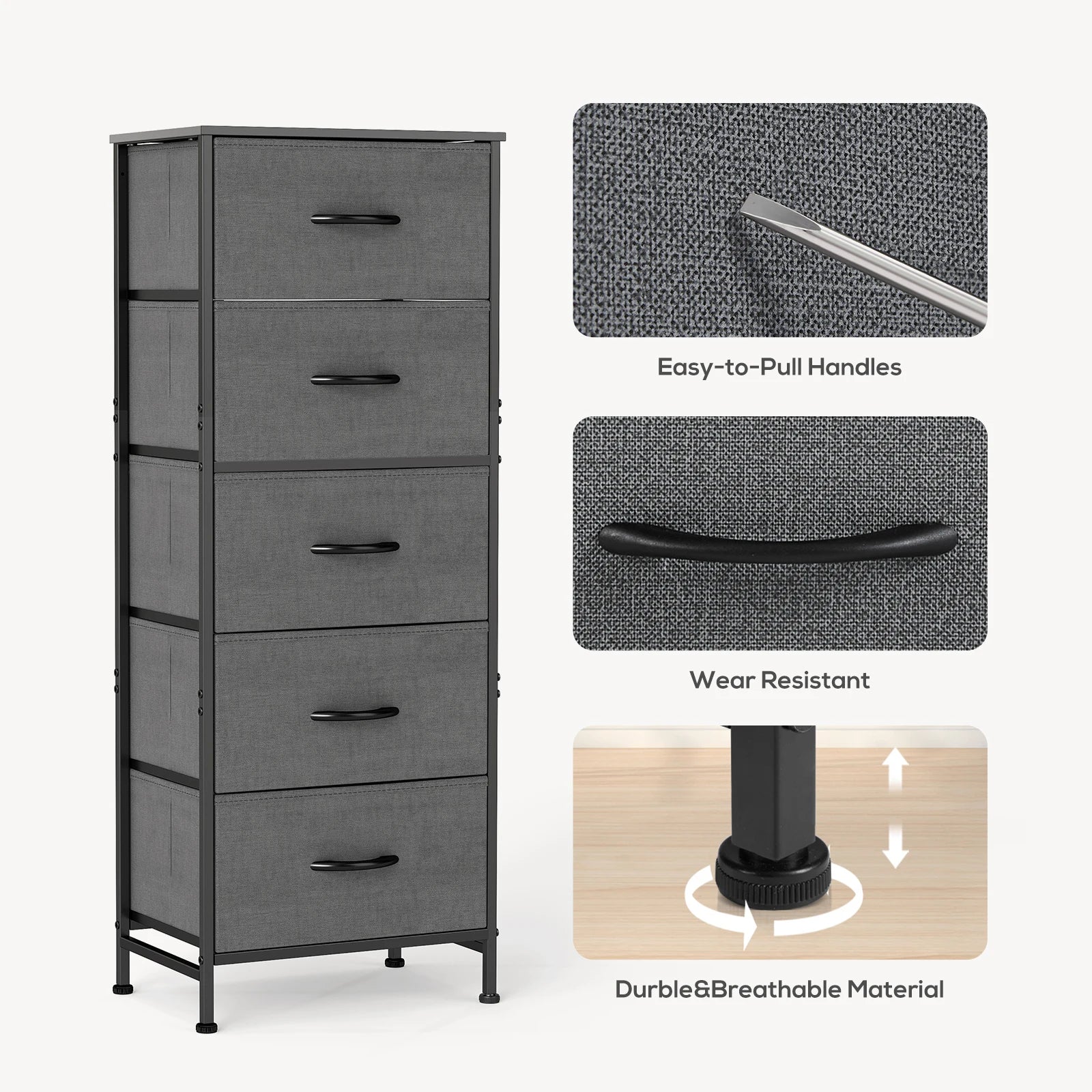 5 Drawer Fabric Dresser Cabinet Slim Storage Tower with Wood Top