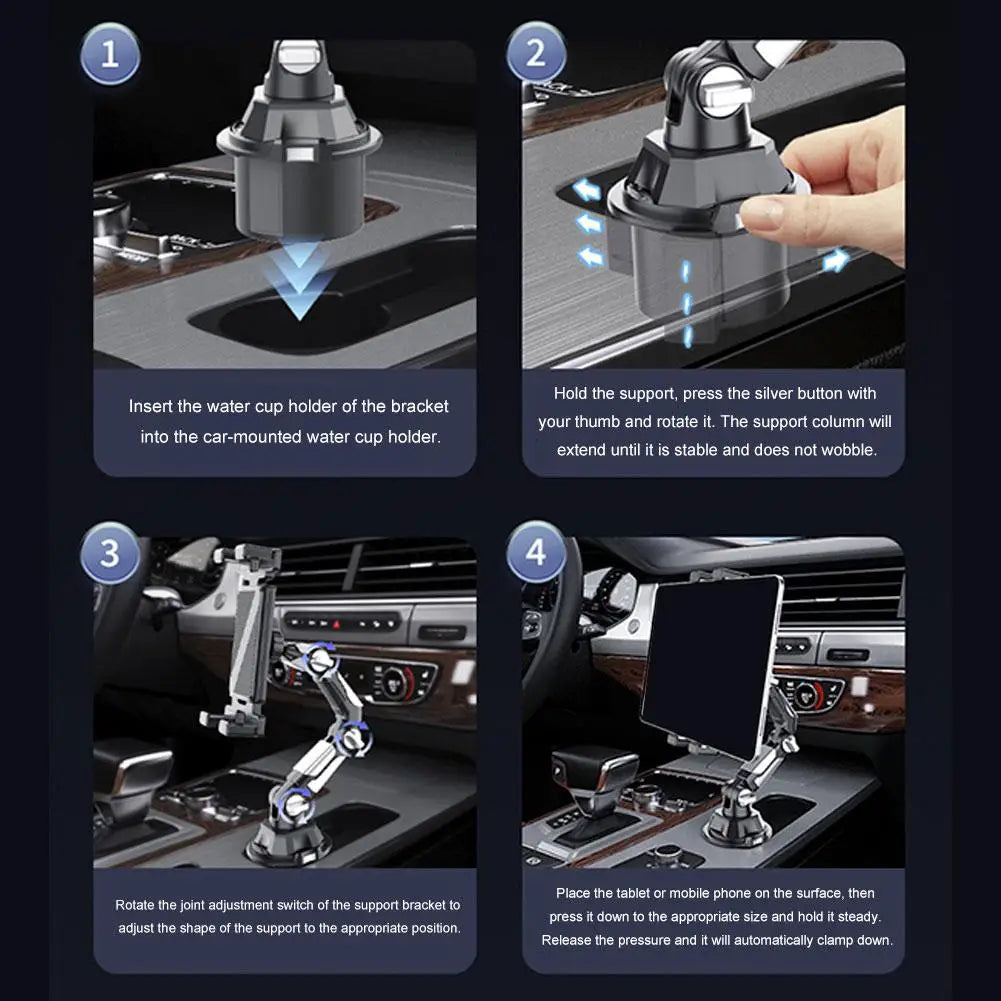 Support universel pour tablette et téléphone avec porte-gobelet voiture, bras long réglable pour iPad, Samsung Galaxy Tab, Kindle
