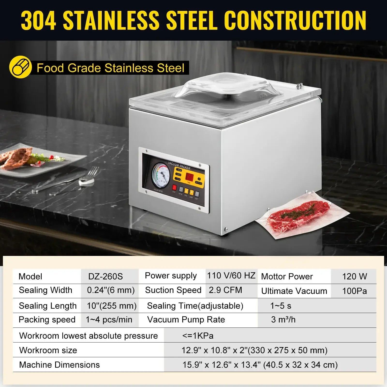 Commercial Vacuum Sealer Machine 120W DZ-260S Food Packing