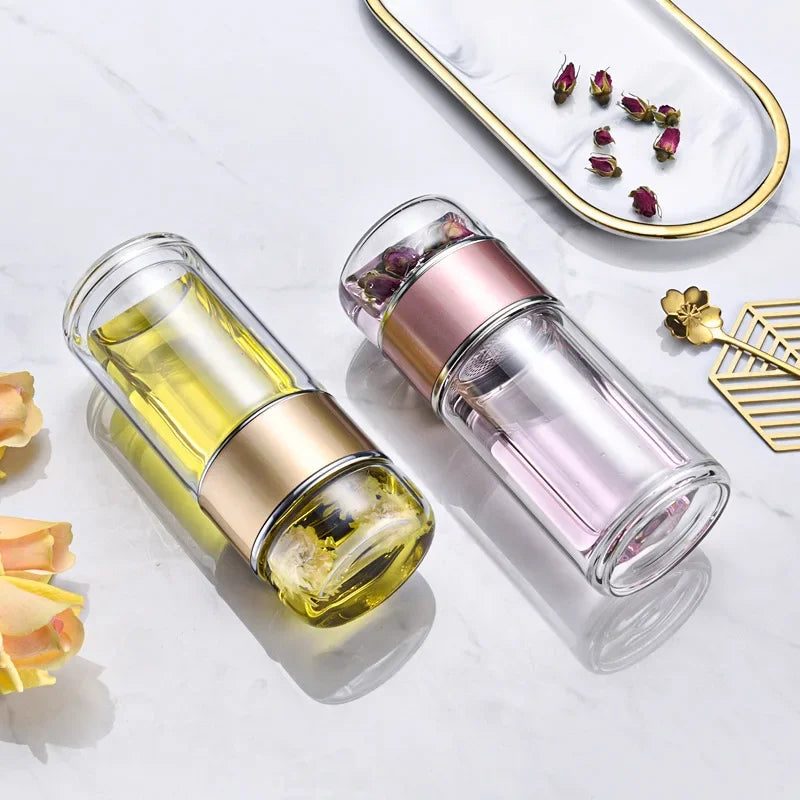 Double Layer Borosilicate Glass Tea Bottle with Filter
