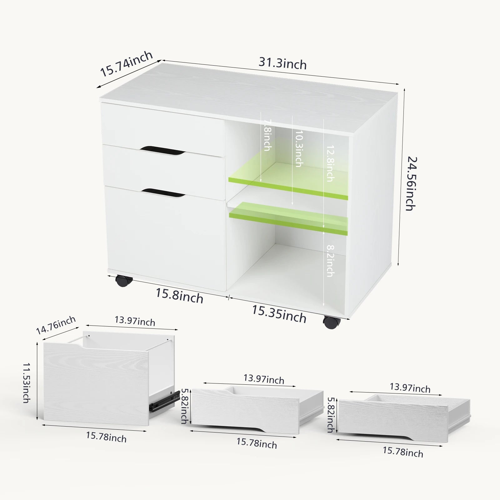 Corner Storage Cabinet with Drawers & Wheels Wood Organizer Table