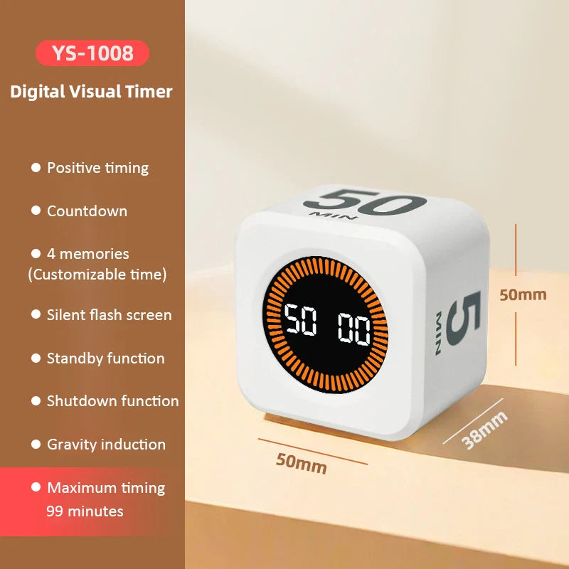 Digital visuell timer med gravitasjonssensor og LED-display, 4 forhåndsinnstilte tider, oppladbar minikubetimer til matlaging, studier og dusjing