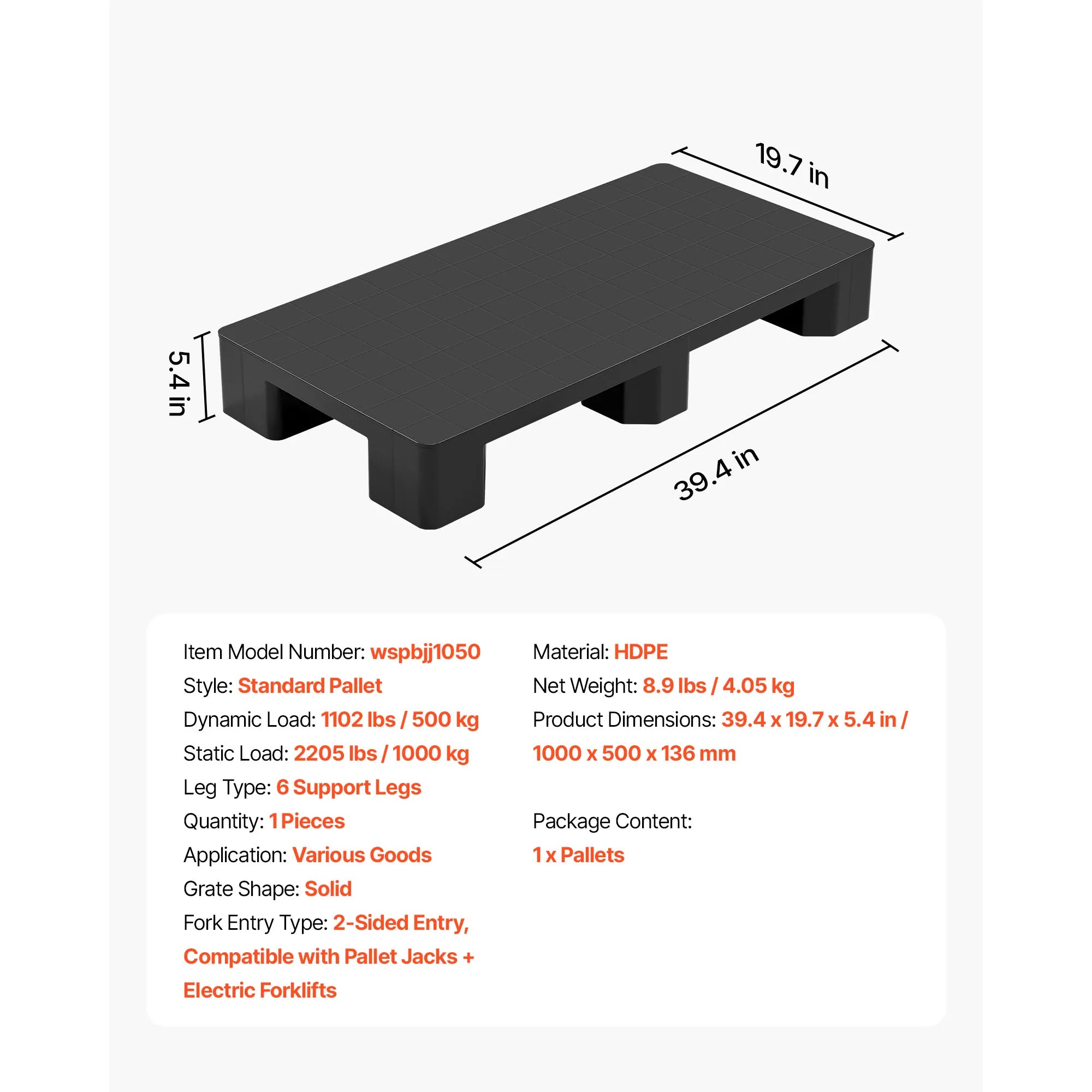 Heavy Duty Plastic Pallet 2205 lbs Waterproof Storage Base