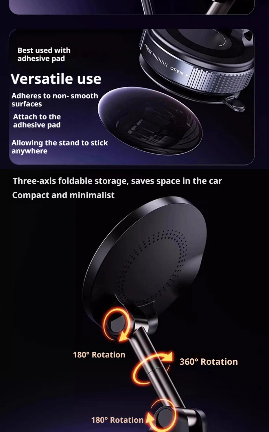 SEAMETAL Strong Magnetic Car Phone Holder Foldable 360° Rotation Multi-scene application 15W Vacuum Suction Wireless Charger