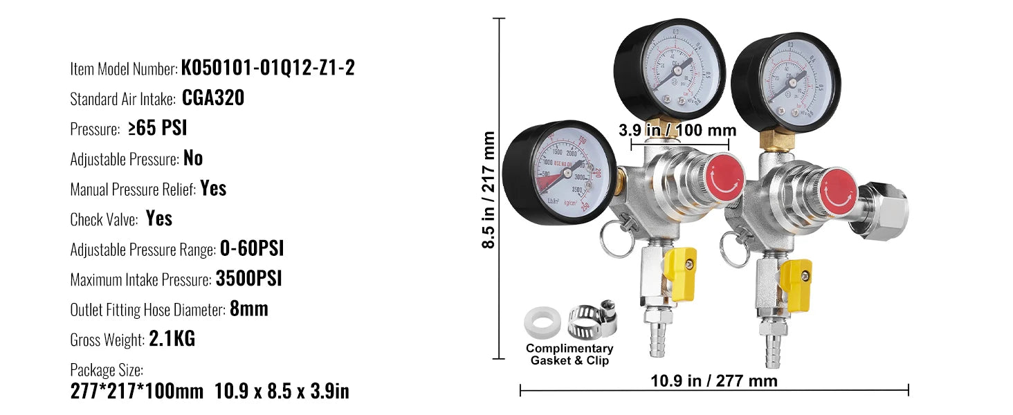 CO2-regulator med dubbla mätare och backventil för öltunnor CGA320