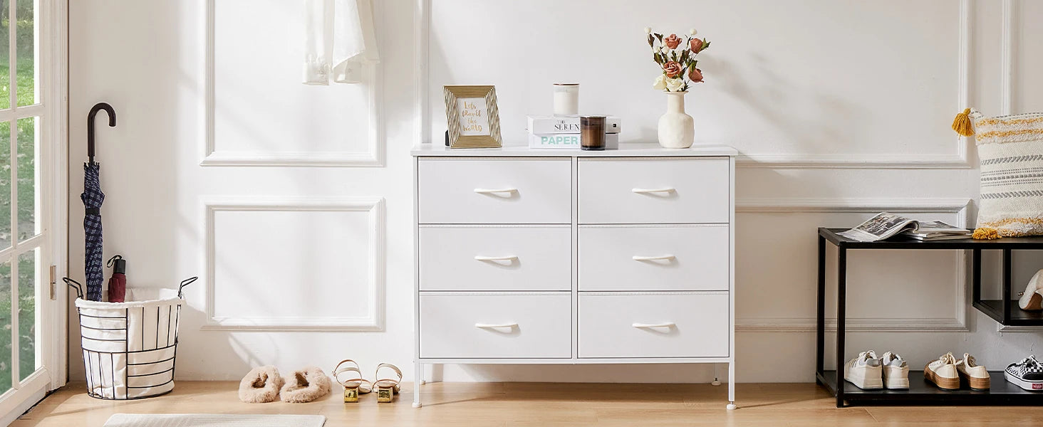 6 Drawer Fabric Dresser Nightstand with Wooden Top Storage Unit