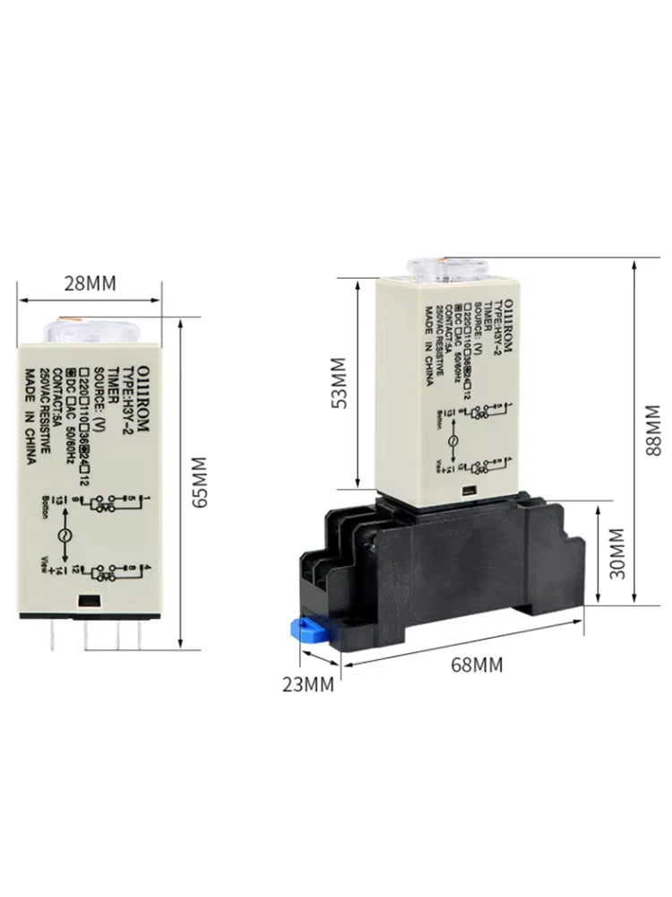 H3Y-2 relay body and assembled base socket, dimension reference views