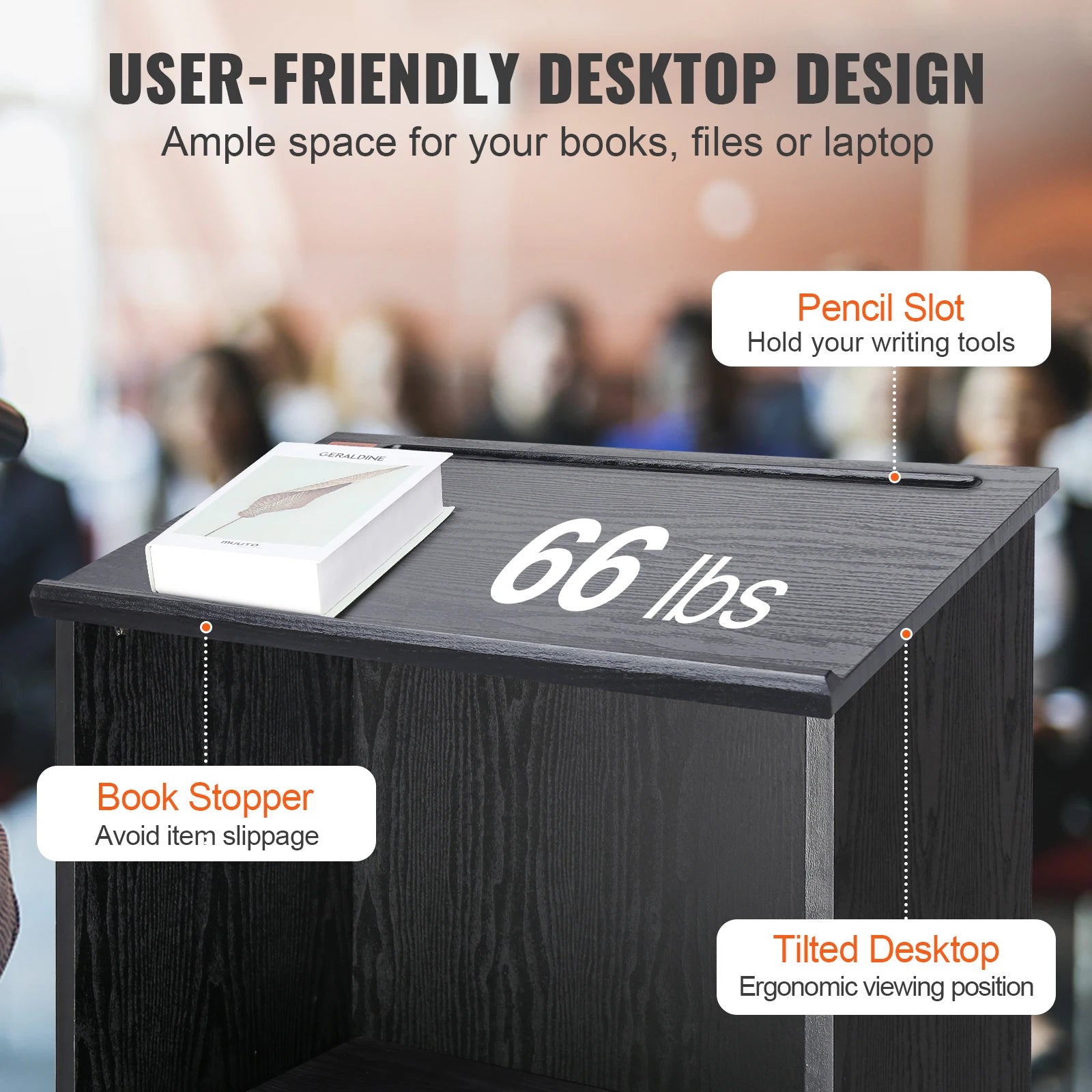 47" Rolling Podium Stand with Shelves and Tilted Desktop