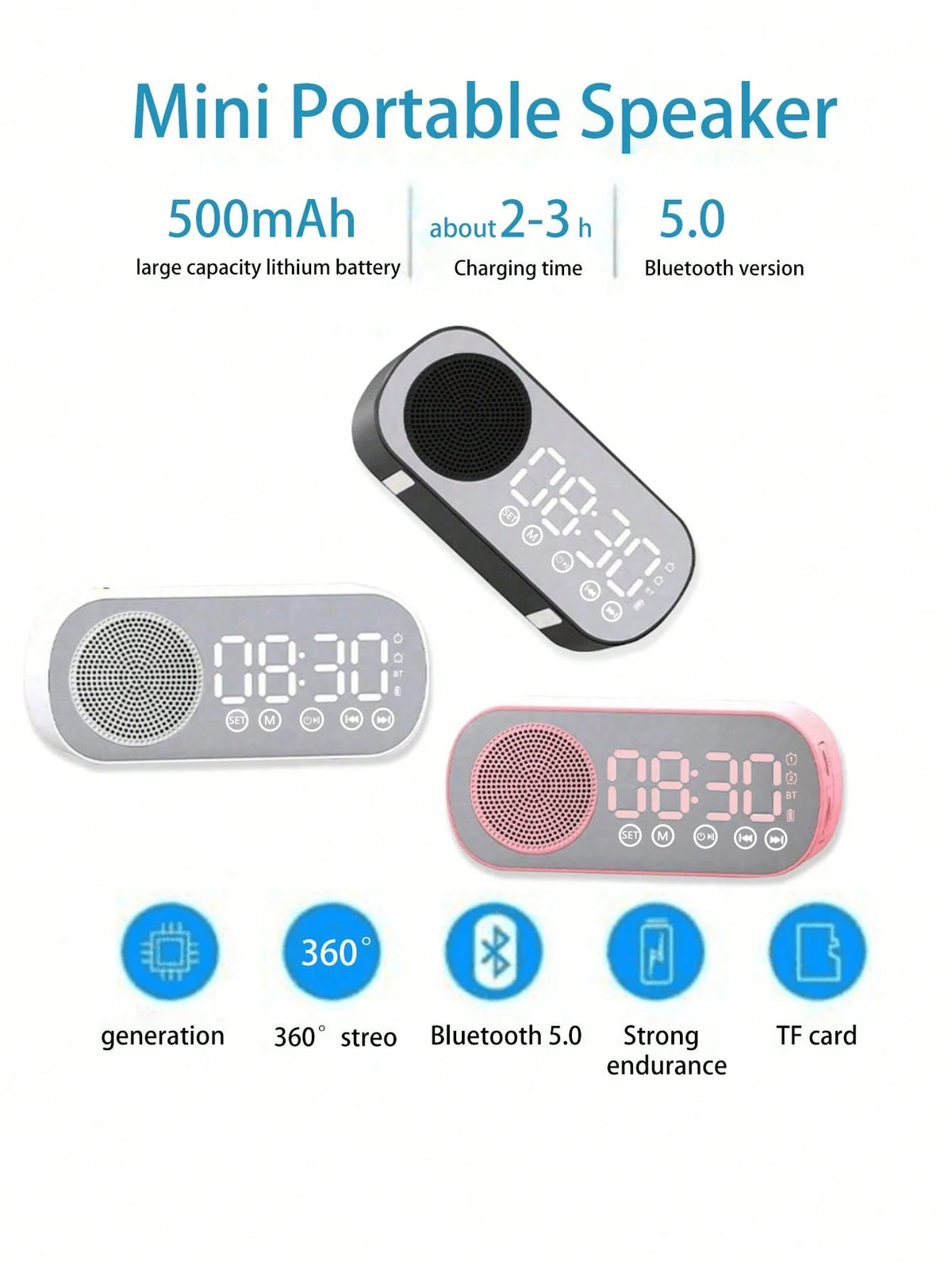 Bluetooth Speaker, Mirror-Faced Clock Alarm Clock Smart Speaker, Bass-Heavy FM Card Insertable Small Speaker