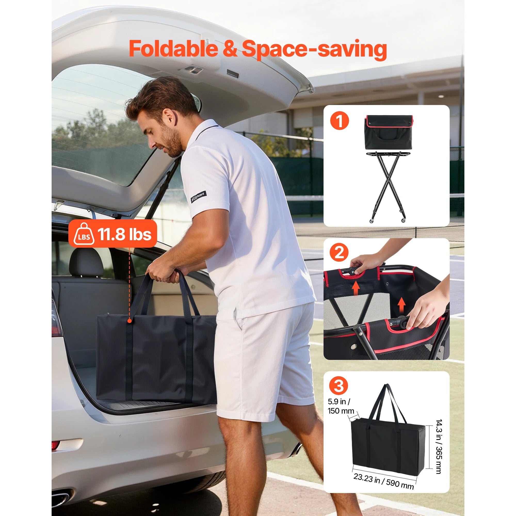 SucceBuy 175 Tennis Balls Hopper Holds 290 Pickleballs Foldable Pickleball Basket Cart with Wheels for Training Coaching Pick Up