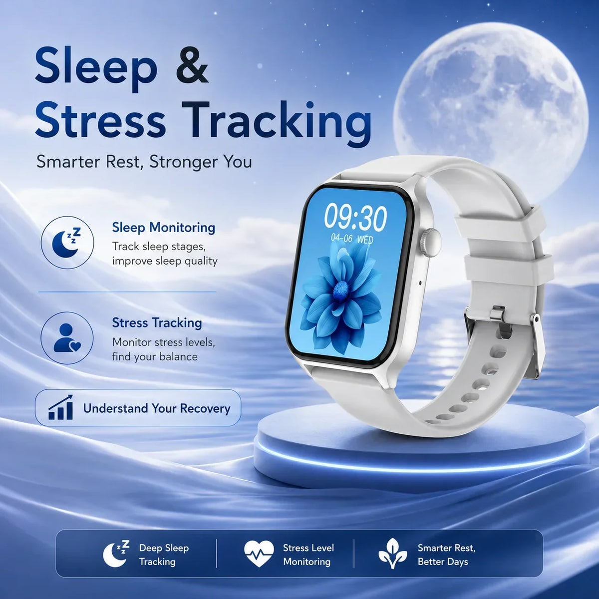 For Android IOS Users WETECH WX16 Smart Watch Bluetooth Call Internal Mic Touch Screen 123 Sport Modes Heart Sleep Stress Tracking Fitness Wristwatch 7-Day Battery White Black Two Colors Available