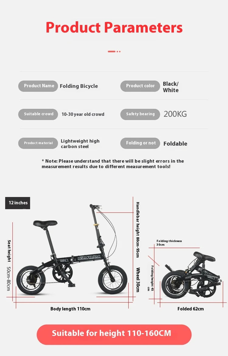 12" Mini Opvouwbare Fiets met Schijfremmen – Compacte Stadsfiets