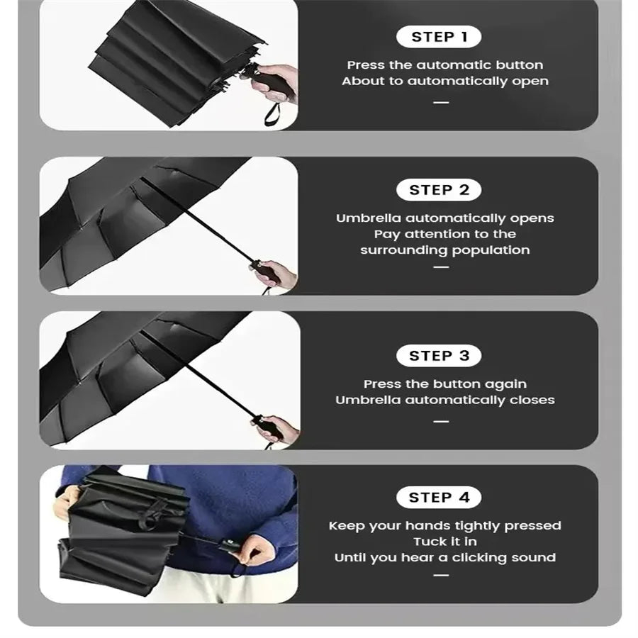 12 Bone Black Glue Fully Automatic Umbrella With Thick And Durable Keel Three Fold Umbrella UV Resistant Folding Umbrella 